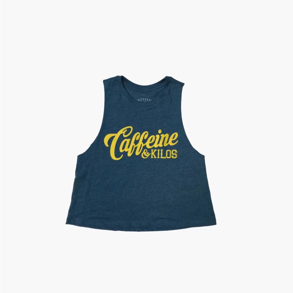 Caffeine & Kilos Script Racerback Crop Tank size small